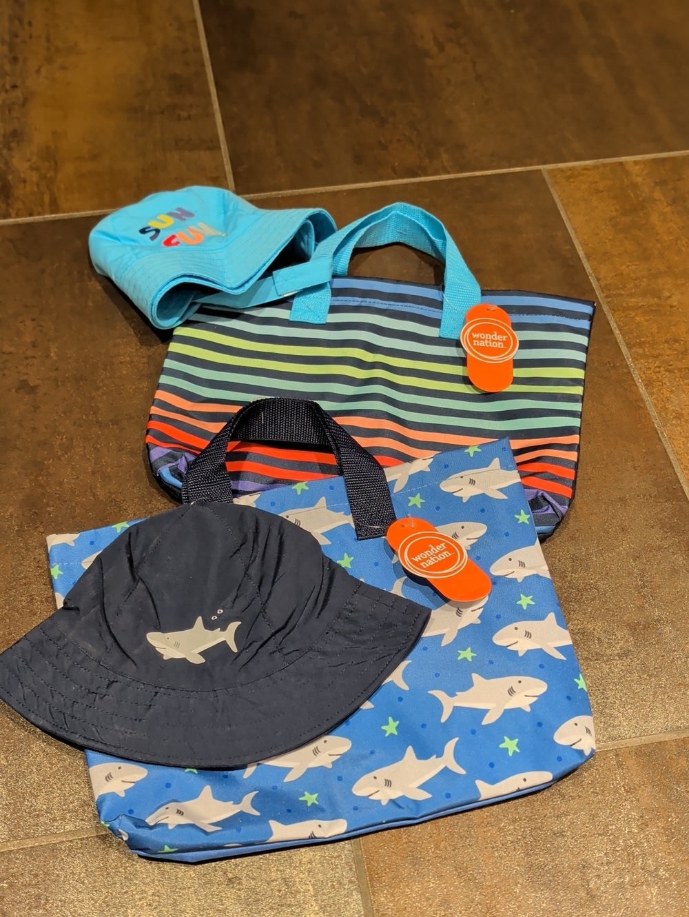 Navy Shark Hat with Blue Shark Tote & Striped Beach Tote With Sun Fun Beach Hat